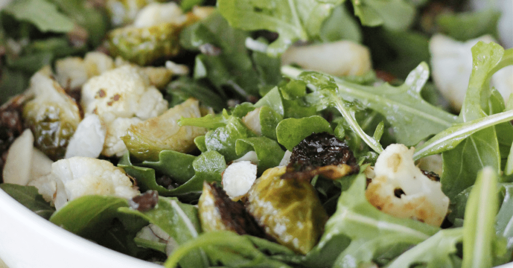 Harvest Salad with roasted brussels sprouts and cauliflower and shallot dijon dressing